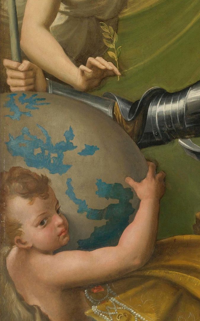 Detail of a painting showing various figures gesturing and encircling a globe; the image itself takes the shape of a long rectangle with rounded edges like a mobile smart phone and floats against a color gradient background transitions from deep turquoise to luminescent yellow-green, picking up on colors in the painting